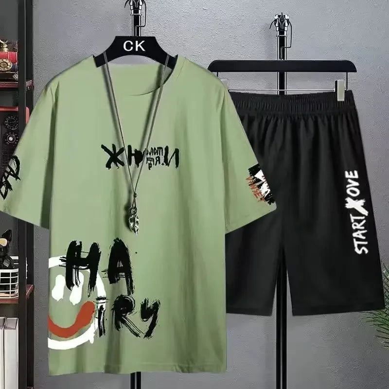 Men's Sets Summer Fashion tracksuits men's clothing Casual Ice Silk Men's Printed T-shirt+Shorts Trend Basketball Set sportswear