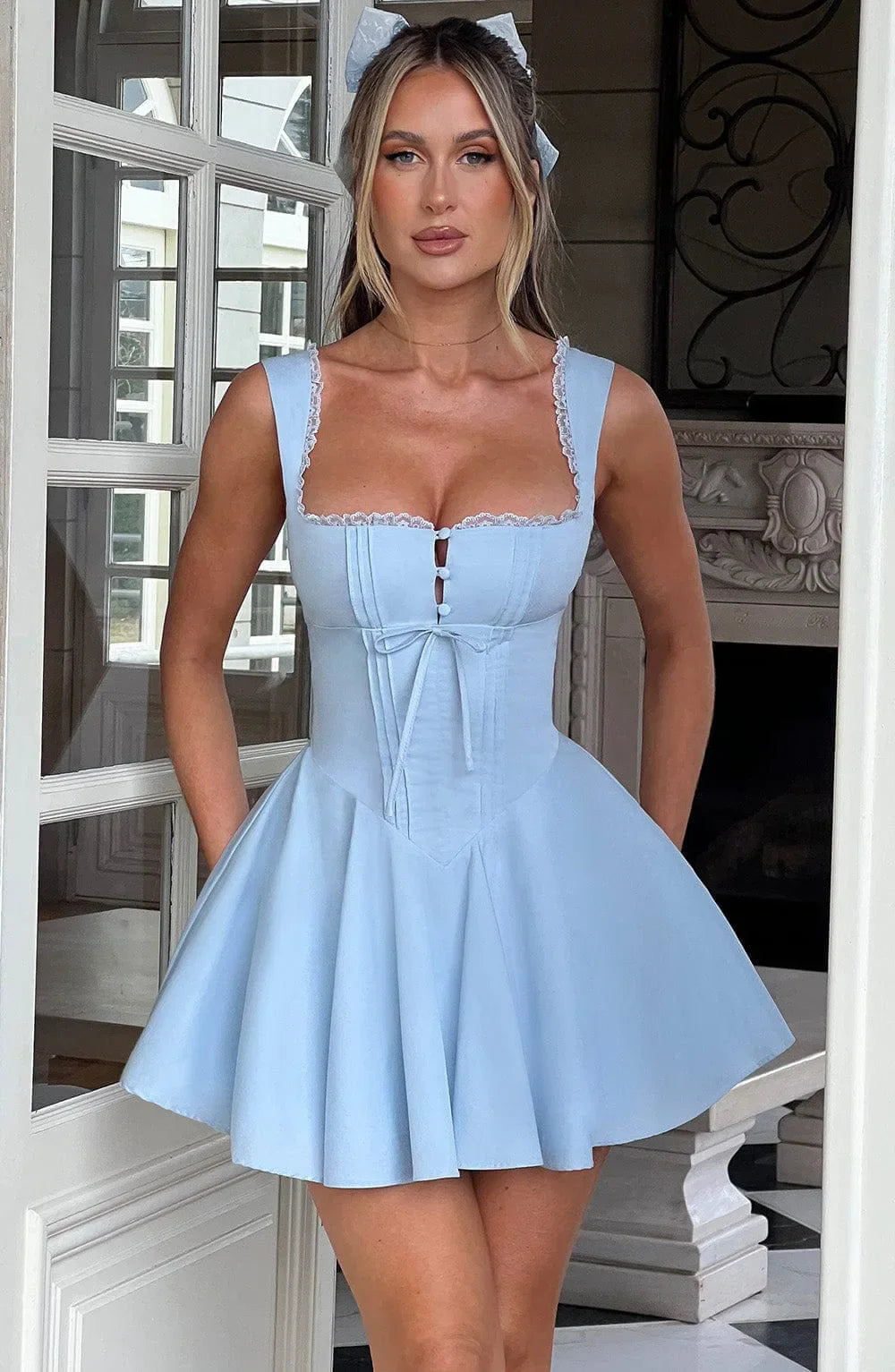 Women's Hot Girl Sweetheart Neck Dress Sexy Lace Splicing A-Line Dress 2025 Spring Summer Female Sweet Girl Solid Color Dress