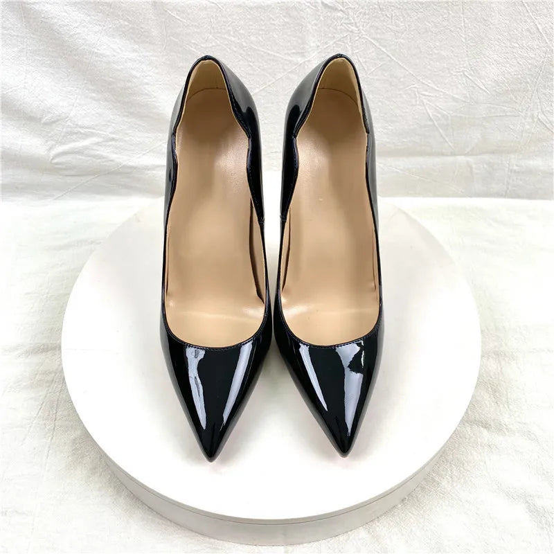 Elegant Glossy Black Curl Cut Women Pointy Toe 12cm High Heel Shoes Sexy V Cut Lady Party Wedding Stiletto Pumps Size 45