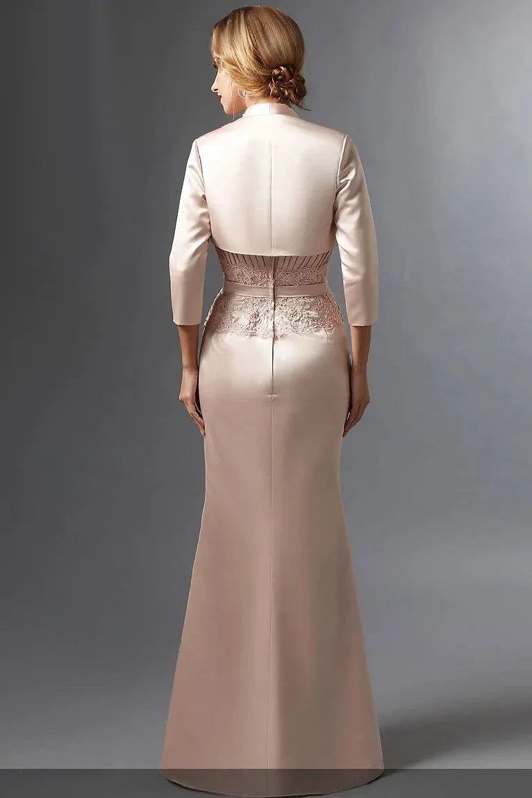 Champagne Soft Satin Wedding Party Dresses 3/4 Sleeve Jacket Sweetheart Neckline pleated Formal Prom Mother of the Bride Gowns