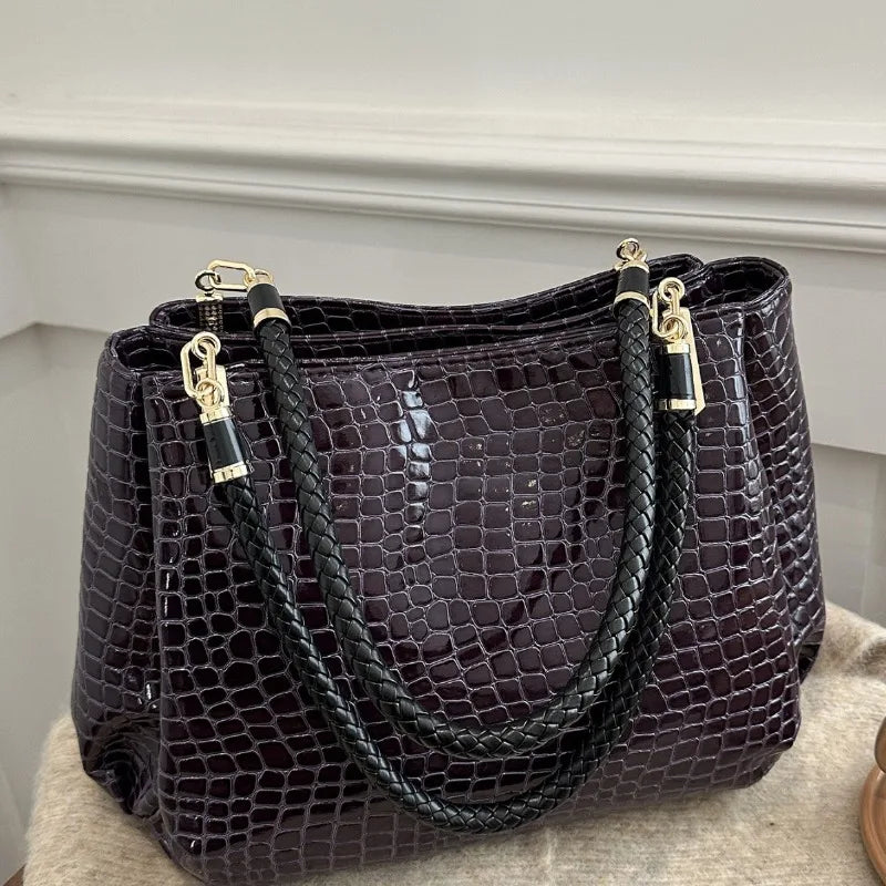 Classic Stone Texture Top-Handle Bag with Crocodile Print Elegant Shoulder Bag for Sophisticated Women in Europe and America