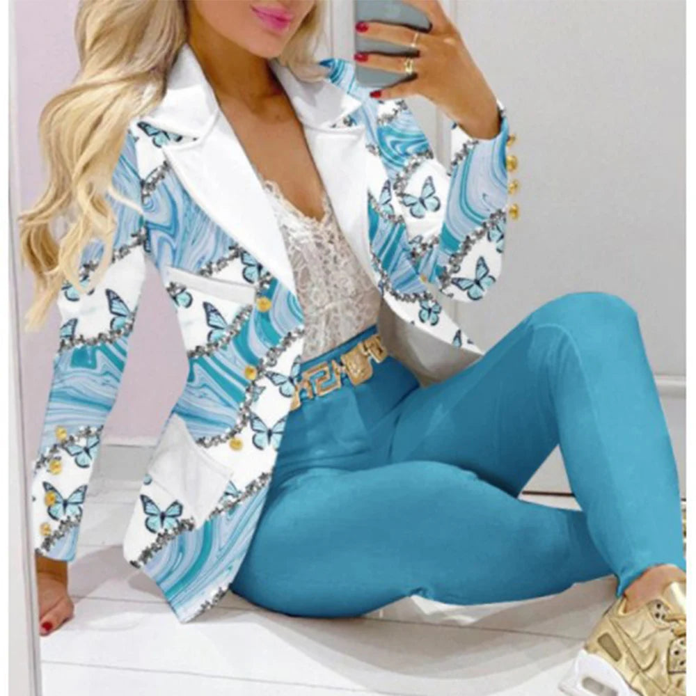 Fashion Butterfly Print Blazer Suit and Pants Two Piece Set for Women 2023 Autumn Winter Outfit Office Lady Casual Clothing