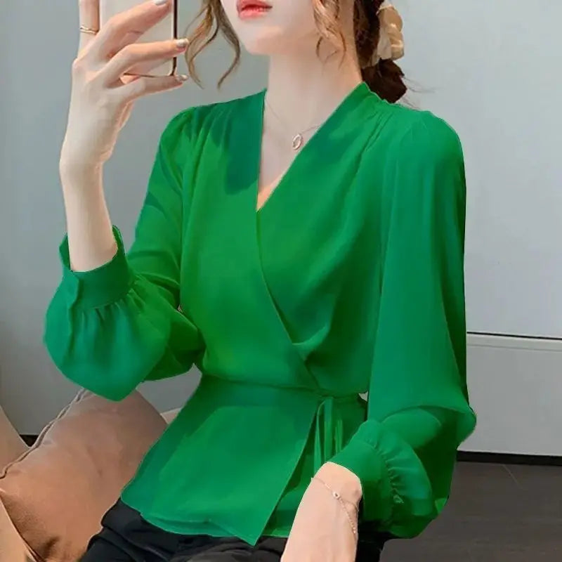 Stylish V-Neck Solid Color All-match Bandage Chiffon Shirt Women's Clothing 2025 Spring New Loose Korean Tops Irregular Blouse