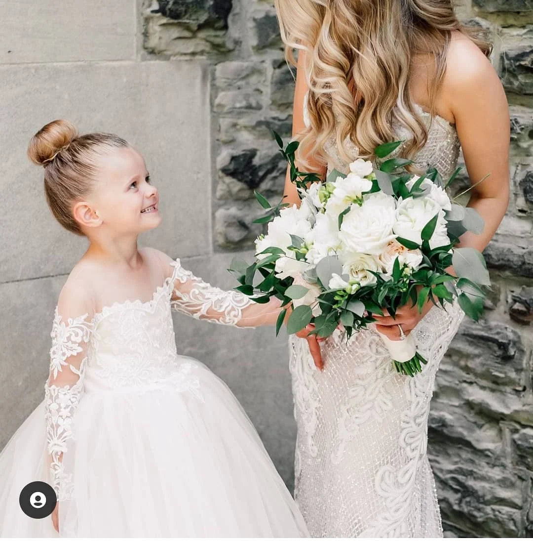 2024 Toddler Lace Tulle Flower Girls Dress Princess Kids Child Baptism Wedding Party Junior Bridesmaid Maxi Ball Gown Evening