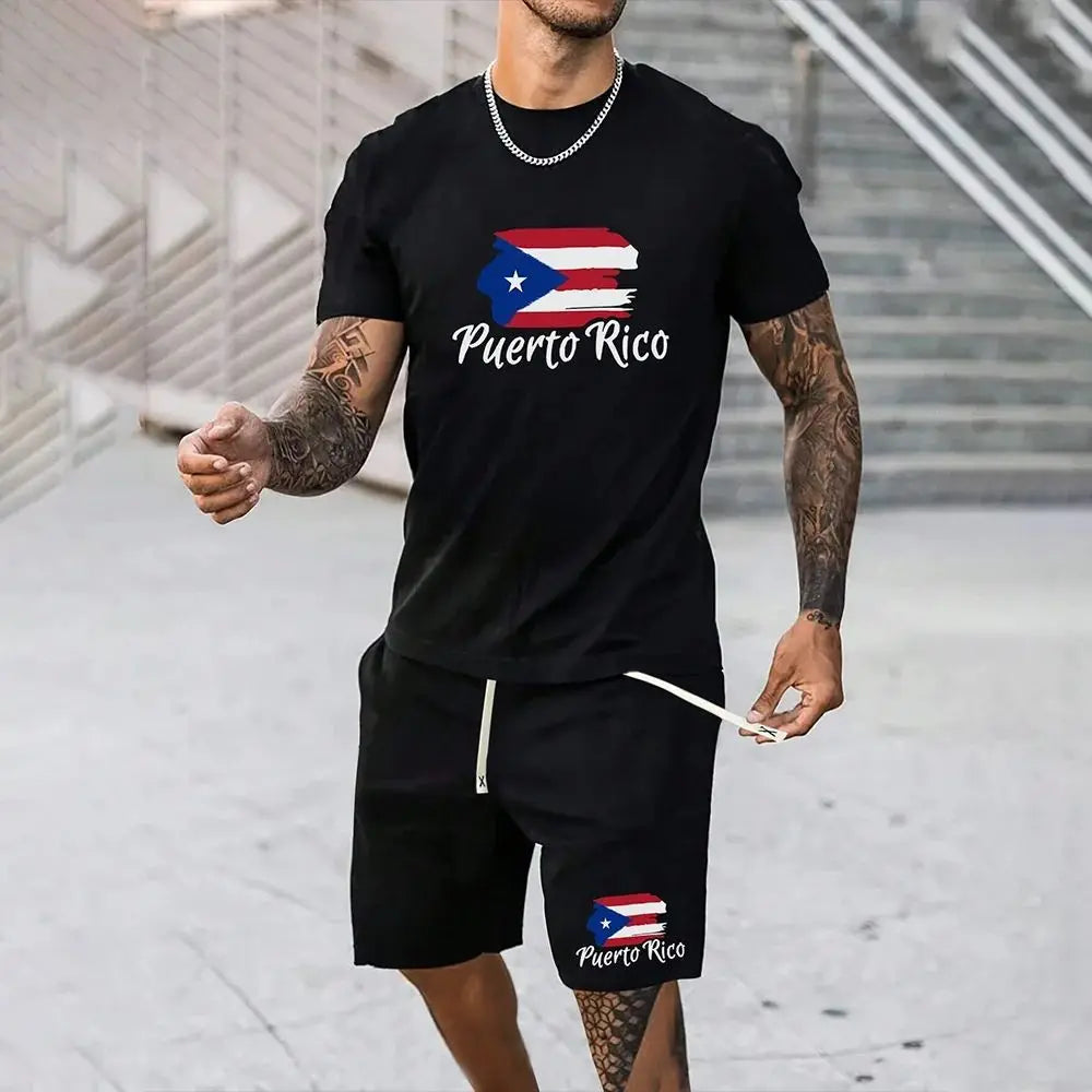 Men's Outdoor Printed T-shirt Shorts 2-piece Set 3D Printed O-neck Fashionable Men's Casual Breathable and Comfortable Set