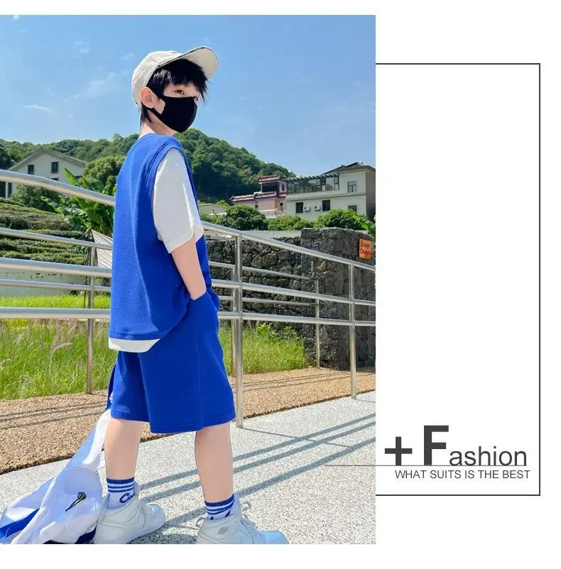 Junior Boys Summer Suit Children's Fashion Patchwork Short Sleeve Shorts Sports Suit Clothing 3-14Y Trend
