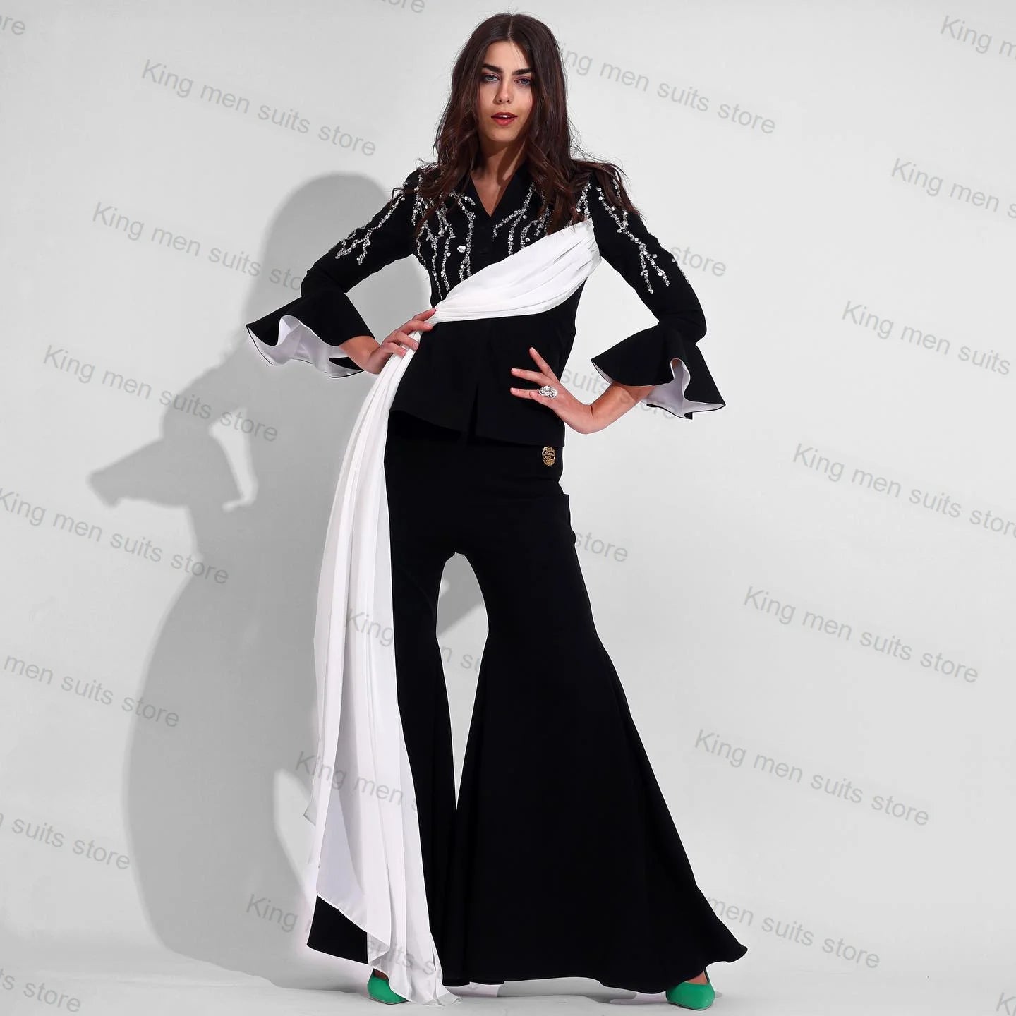 Long Wedding Women Pants Suit Set 2 Piece Blazer With Long Wrap+Trousers Jacket Coat Fomal Office Lady Customized Prom Dress