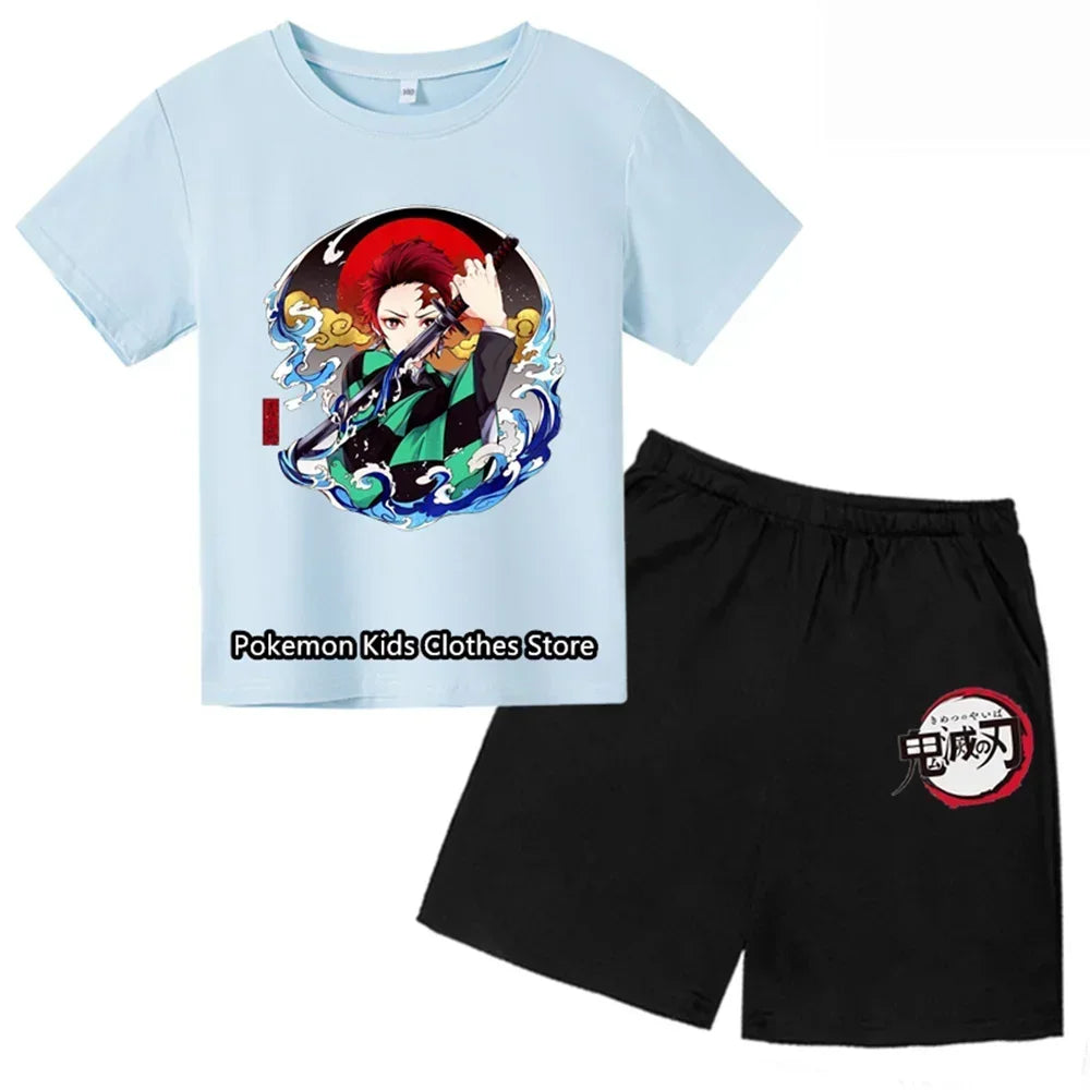 Boys Girls Clothes Set Summer Cartoon Demon Slayer T shirt+Short Pants 2pcs Children Clothing Teen 1 2 3 4-14 Year Kids Suit