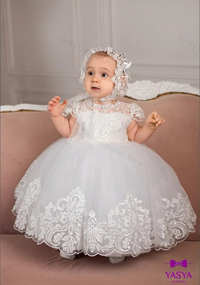 White Ball Gown Baby Christening Gowns Lace Appliques Bows Girls Baptism Pearls Newborn Kids Birthday First Communion Dresses