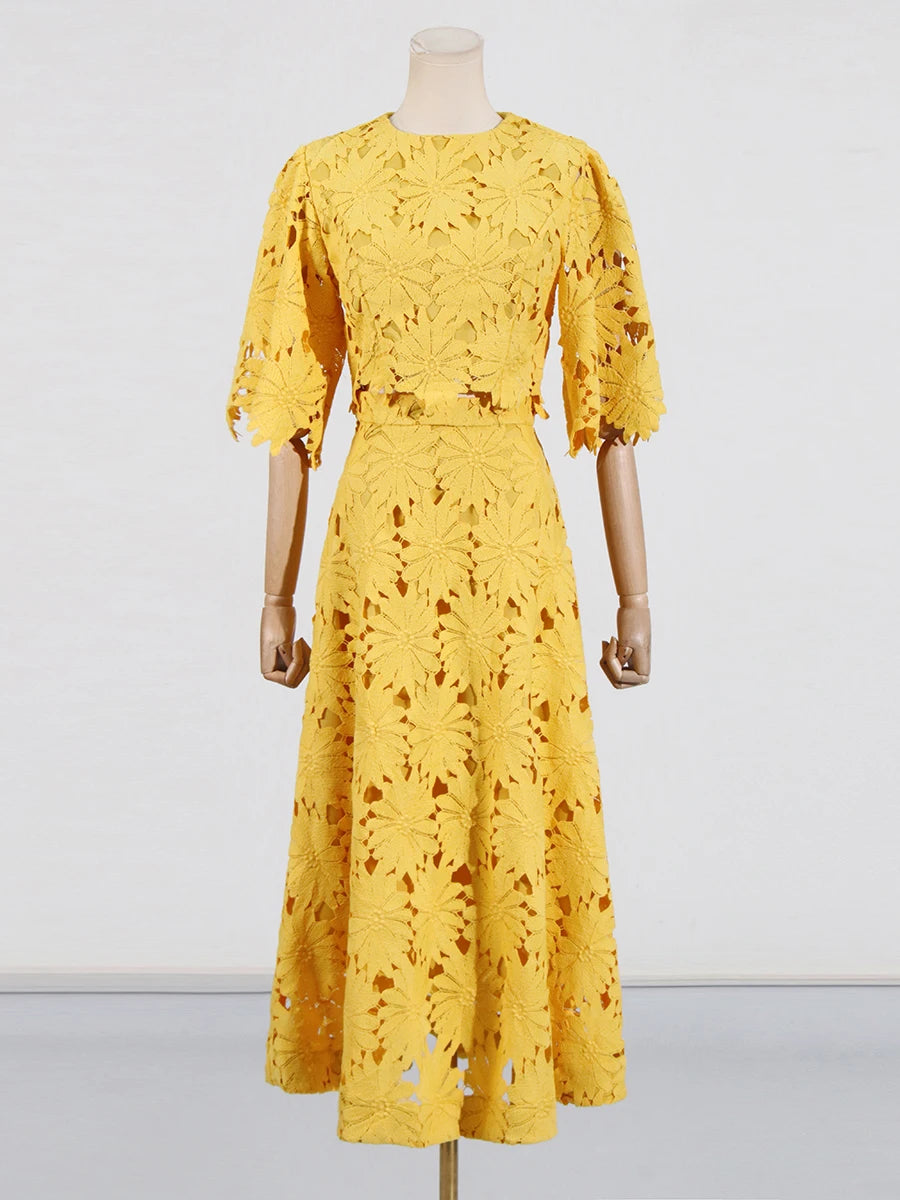 VGH Embroidery Two Piece Set for Women O Neck Batwing Sleeve Top High Waist Hollow Out A Line Long Skirt Elegant Suit Female New