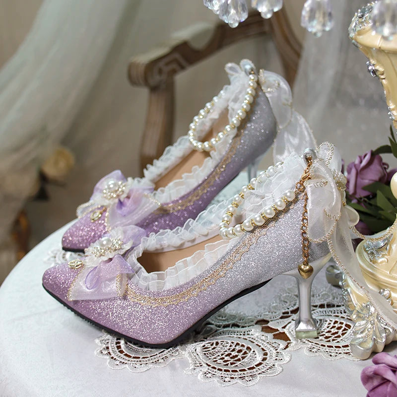 Lolita High Heels One Night Story Lolita Shoes Shiny Pointed High Heels Flower Wedding Ceremony 18 Year Old Slim Heels