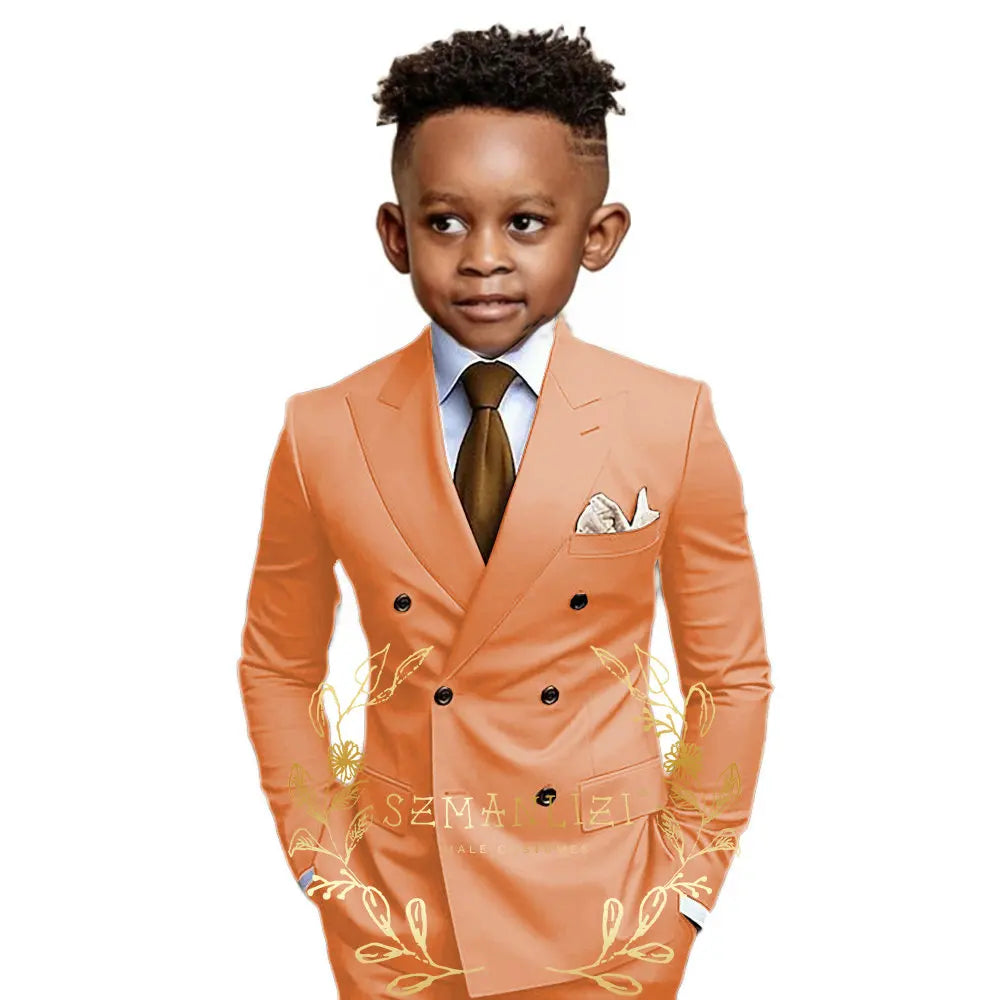 Brown Boys Suit Double Breasted Jacket Pants 2 Piece Set Business Style Formal Wedding Tuxedo Custom Size Blazer Kids