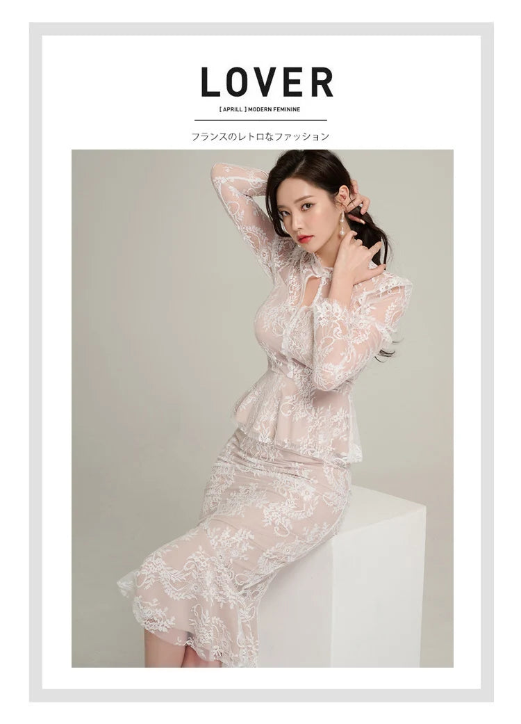 Spring Professional Woman Lace 2 Pieces Set Simple Tops + Vintage High Waist Mermaid Skirt Korean Skirts Suits