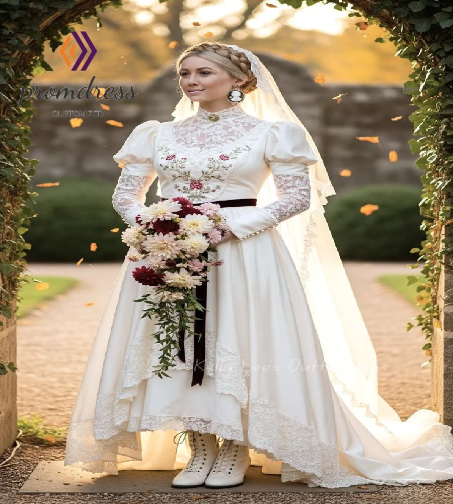 Costume 1980s Victorian Wedding Dress With Ruffles Sleeve Long Sleeve Organza Bridal Dress Tudor Lace Bustle Bride Customized