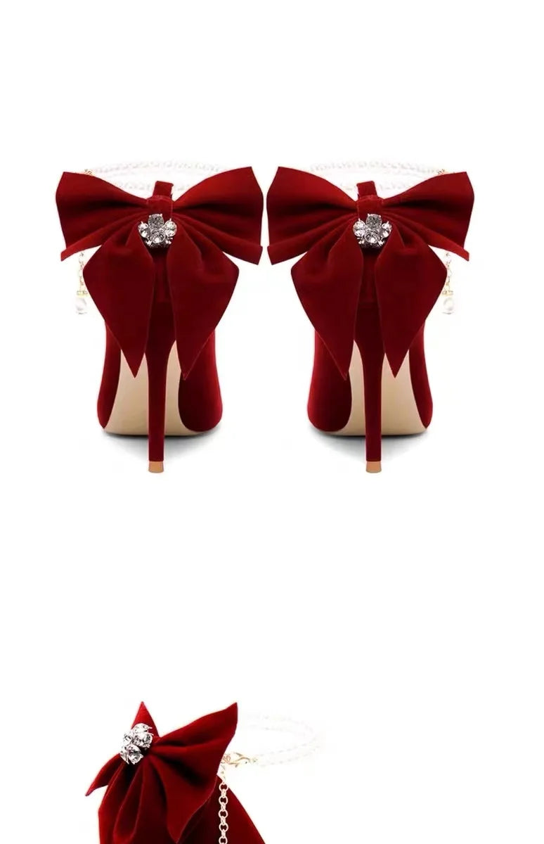 Red Xiuhe wedding shoes new pointy stiletto high heels female shallow mouth bow pearl one word buckle strap two wear bride shoes