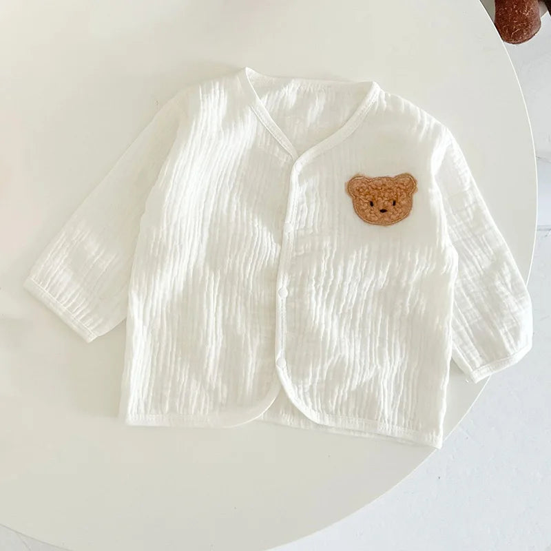 3Pcs Muslin Baby Jumpsuit Coat Hat Bear Baby Summer Clothes Set Kids Coat Romper White Toddler Outfit Suit Infant Clothing 0-3T