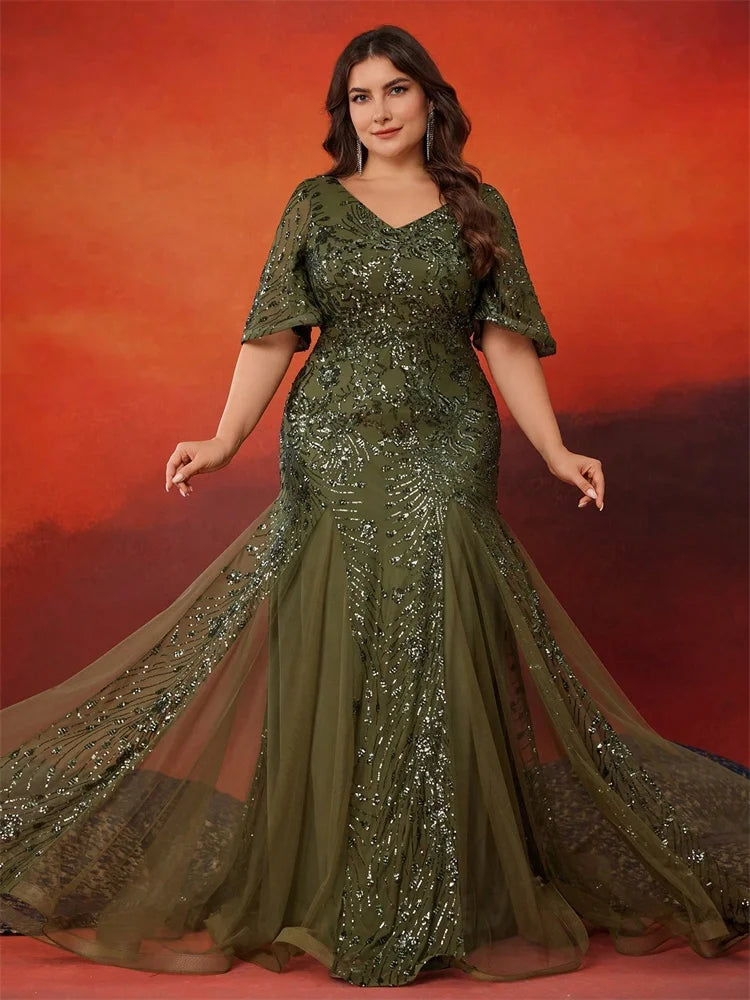 BLUEPLUM Plus Size Elegant Short Sleeves Sequin Evening Dresses For Women Mermaid Formal Bridesmaid Party Maxi Prom Dress Gown