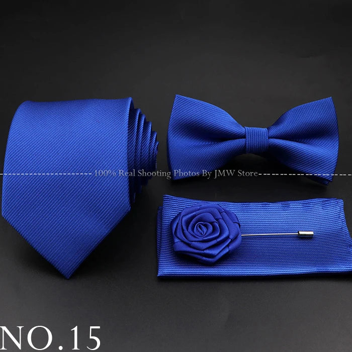 Hot Sale Red Blue Tie Set Polyester Slim Striped Necktie Bowtie Cufflink Brooch For Groom Suit Wedding Cravat Shirt Accessory