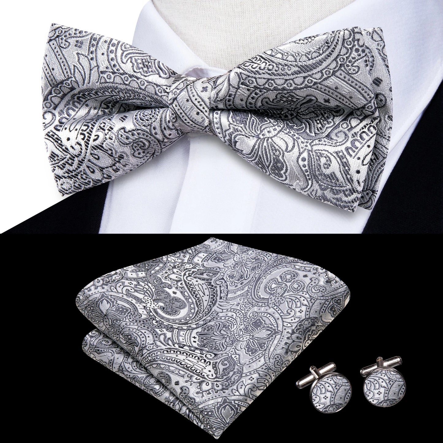 Hi-Tie Pink Dot Silk Mens Pre-tied Bow Tie Hanky Cufflink Set Dusty Pink Butterfly Knot Bowtie for Male Wedding Business