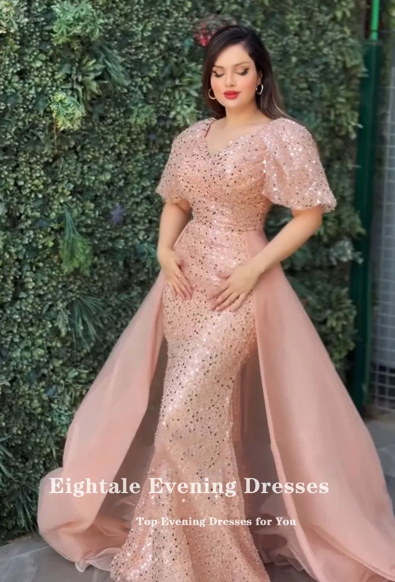 Eightale Violet Evening Dresses V-Neck Short Sleeves Robes De Soirée Sequined Customized Mermaid Prom Gown Wedding Party Dress