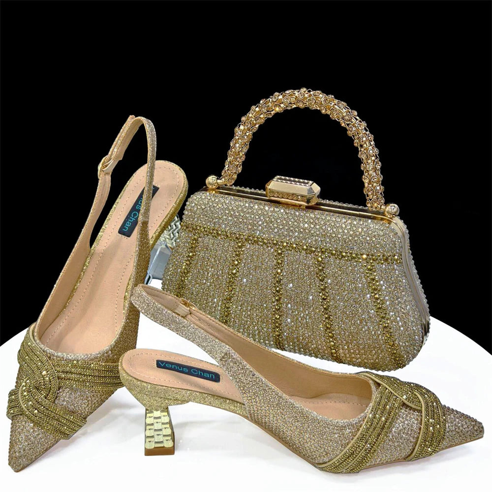 Venus Chan 2024 Special Design High Quality Orange Color African Women Shoes and Bag Set with Shinning Crystal for Wedding Party