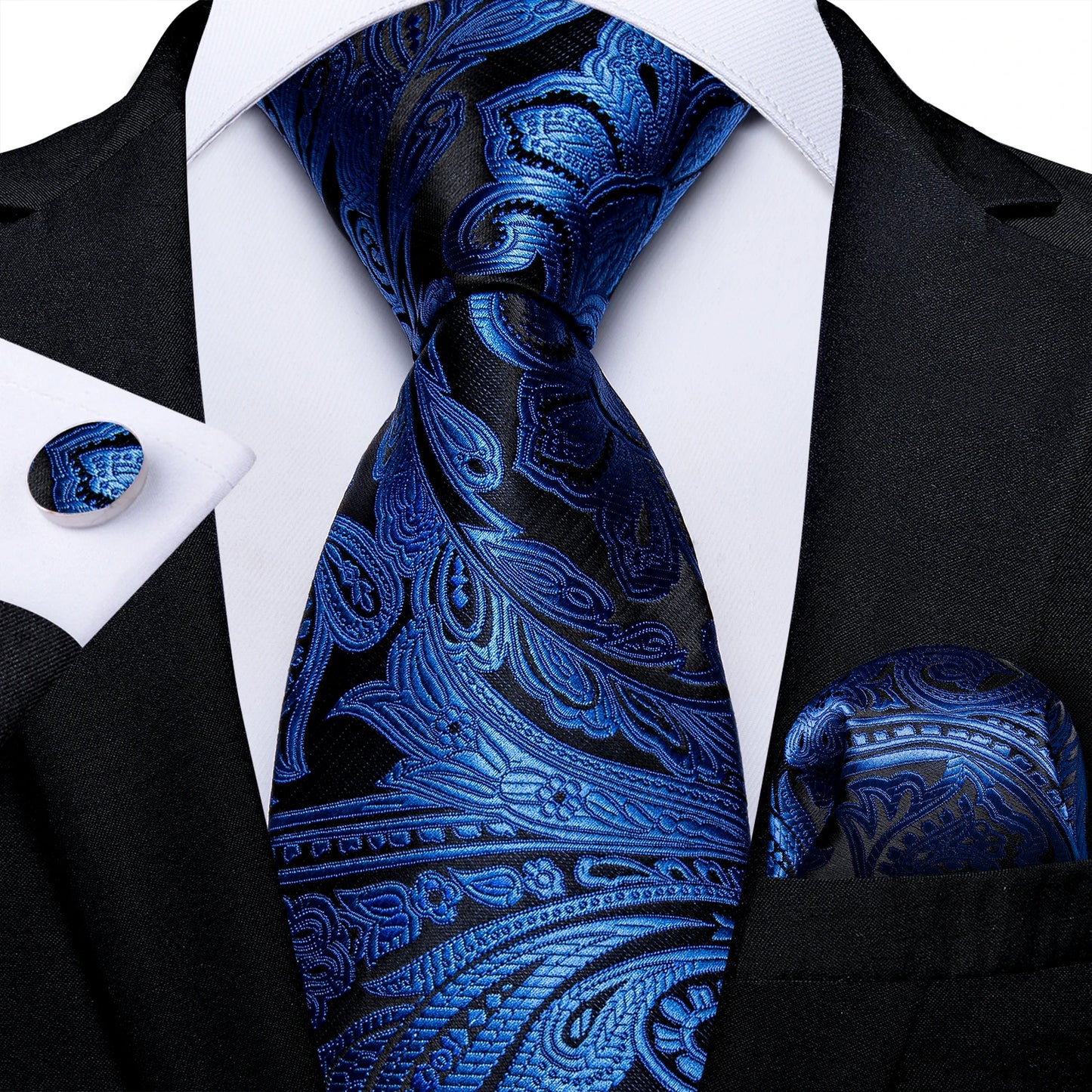 Royal Blue Paisley Plaid Striped Men tie Set with Handkerchief Cufflinks Wedding Prom Groom Accessories Perfect Gift for Men