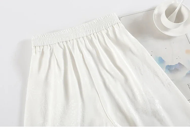 New Chinese Style Jacquard Wide Leg Satin Pants for Women Elegant Solid Office Lady Women's Casual Loose Pants Female