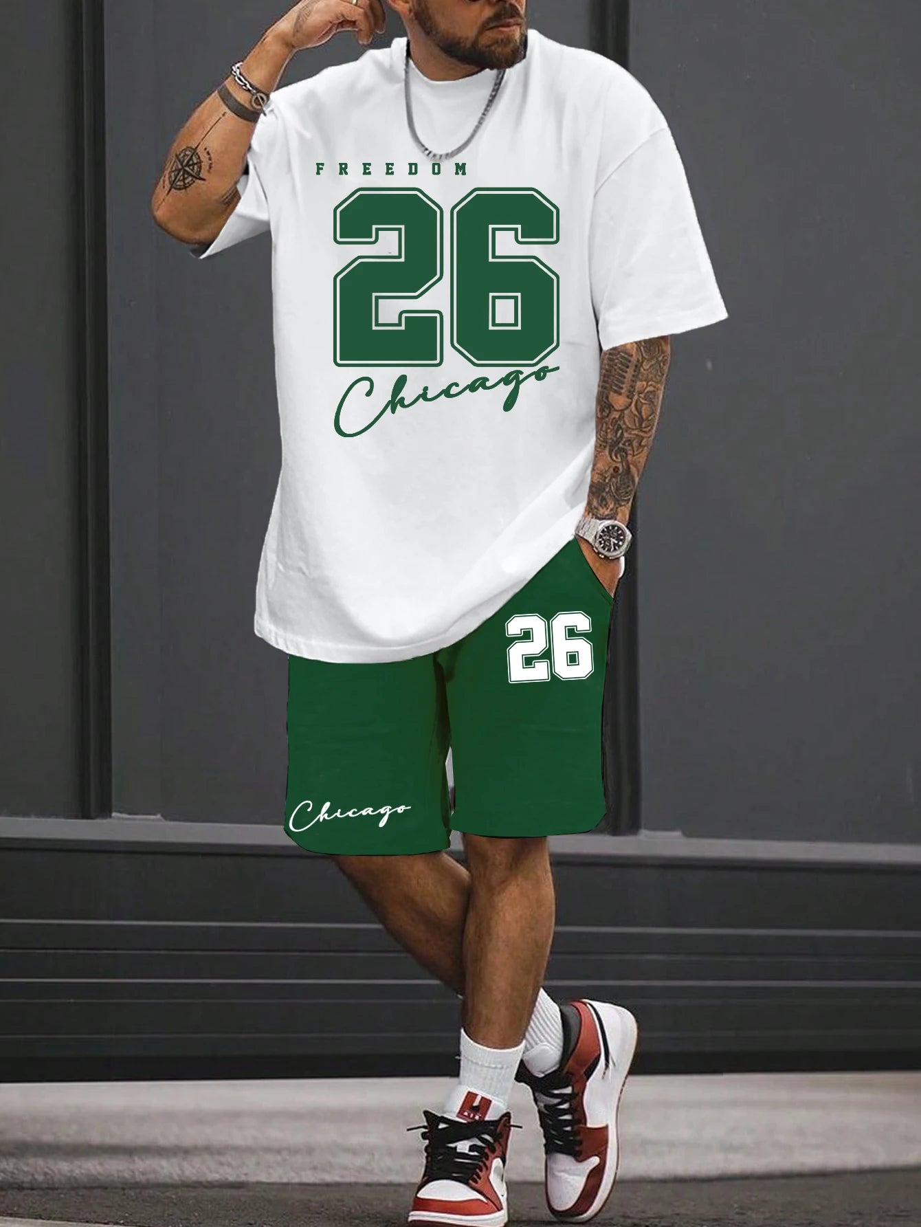 Short-sleeved shorts summer men's suit simple fitted T-shirt letter print with the same printed shorts two-piece set