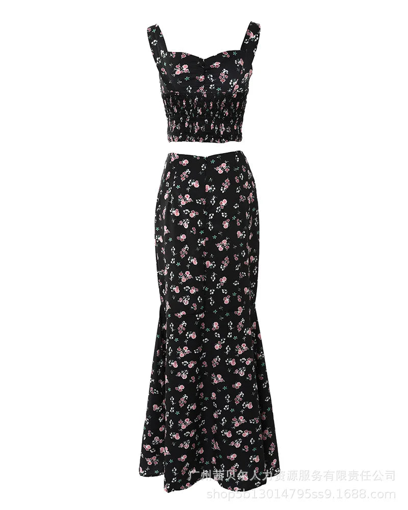 Skirt Set Women Two Piece Sets Print Floral Sleeveless Slim Fit Sexy Sling Tops Elegant Splice A Line Hip Wrap Long Skirts