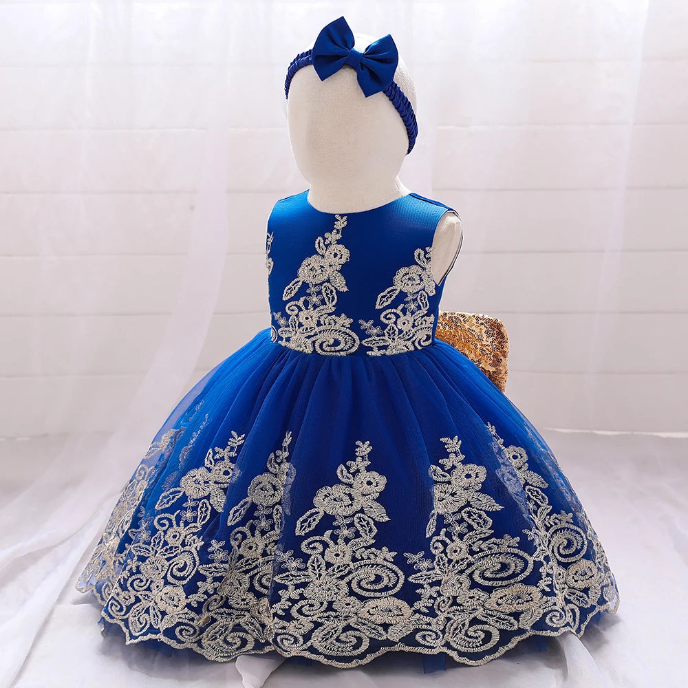 Gold Bow Flower Baby Dress for Girls Christmas Costumes 1st Birthday Party Princess Dresses Wedding Formal Evening Kids Clothing