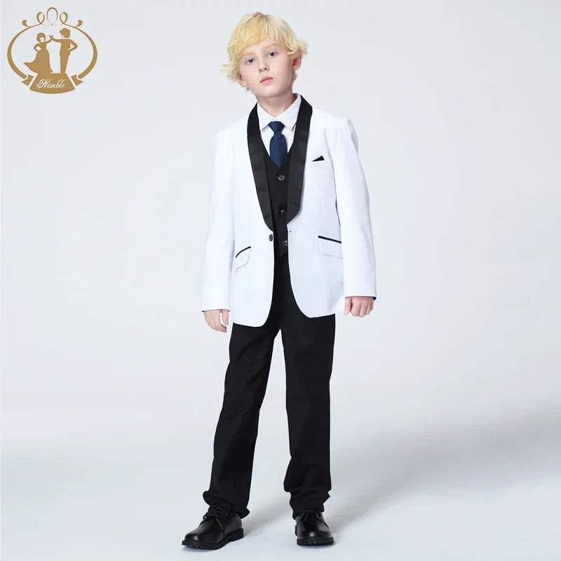 Spring Autumn Formal Suit for Boys Children Party Host Wedding Costume Coat Vest Pants 3Pcs White Wholesale Clothing Sets