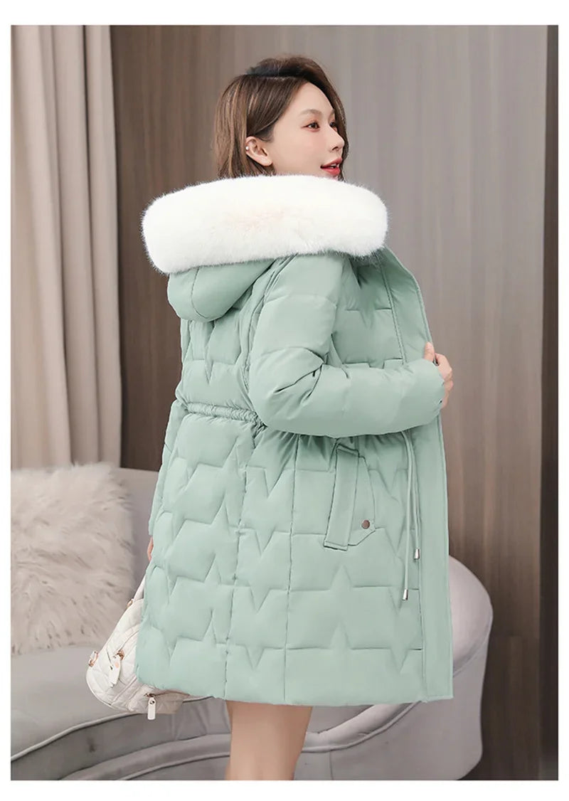 2025 New Winter Women Parka Fur Hooded Jackets Thicken Warm Cotton-padded Puffer Coat Casual Long Parkas Clothes Loose Outerwear