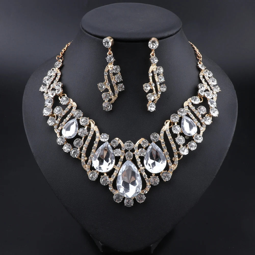 Fashion Crystal Gold Color Necklace Earrings Indian Bridal Jewelry Sets For Brides Wedding Party Costume Accessories Women