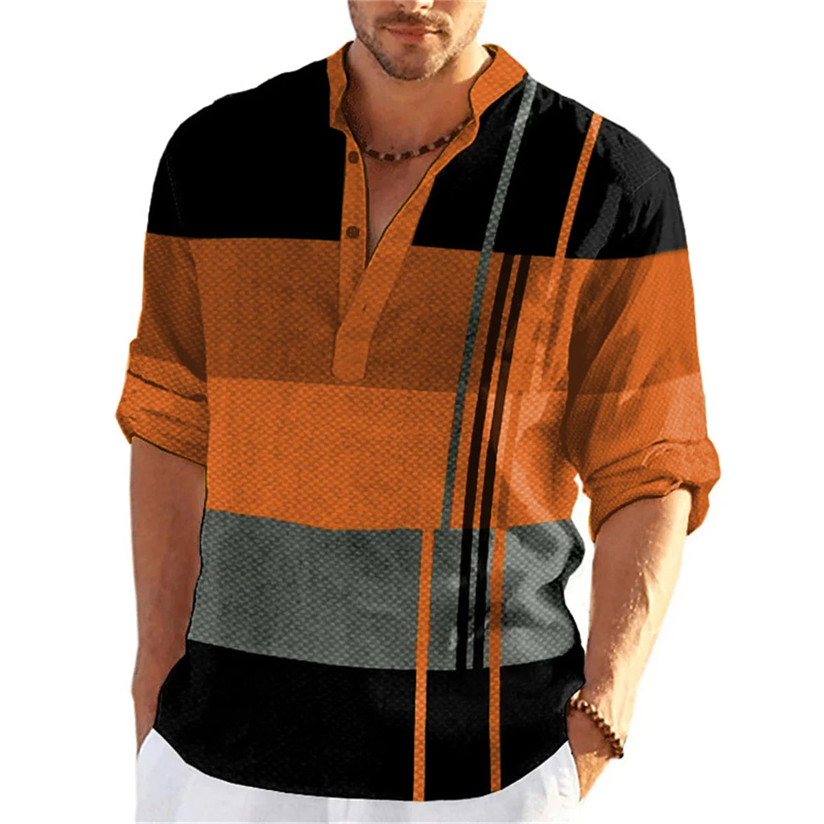 Tiki Spring Autumn Men's Shirt Button Stand Collar Print Gradual Change Business Slim Casual Long Sleeved Shirt Flash Sales
