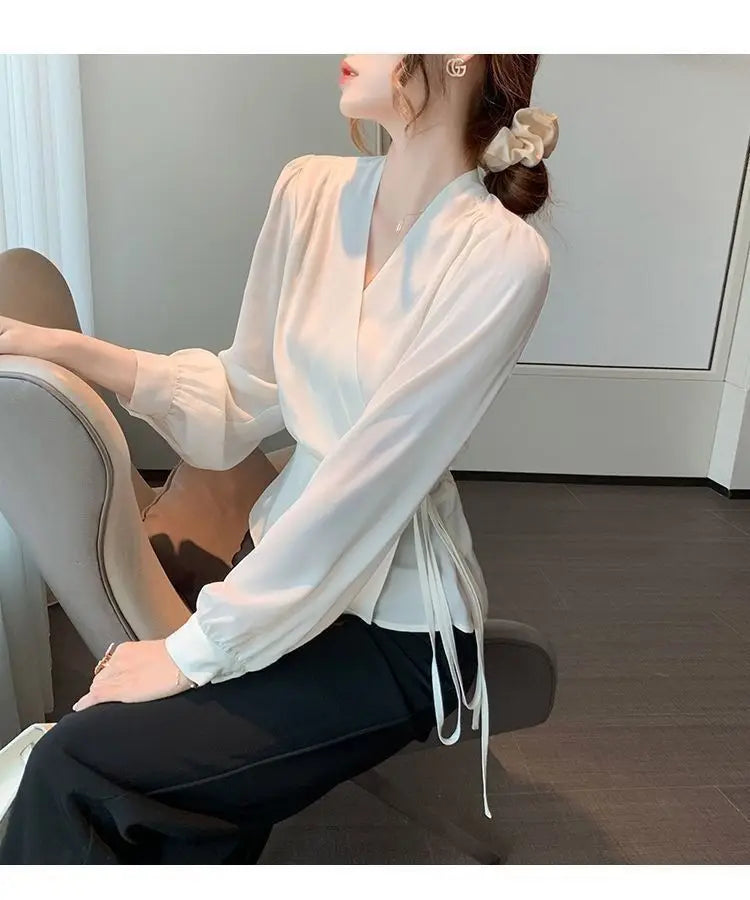 Stylish V-Neck Solid Color All-match Bandage Chiffon Shirt Women's Clothing 2025 Spring New Loose Korean Tops Irregular Blouse