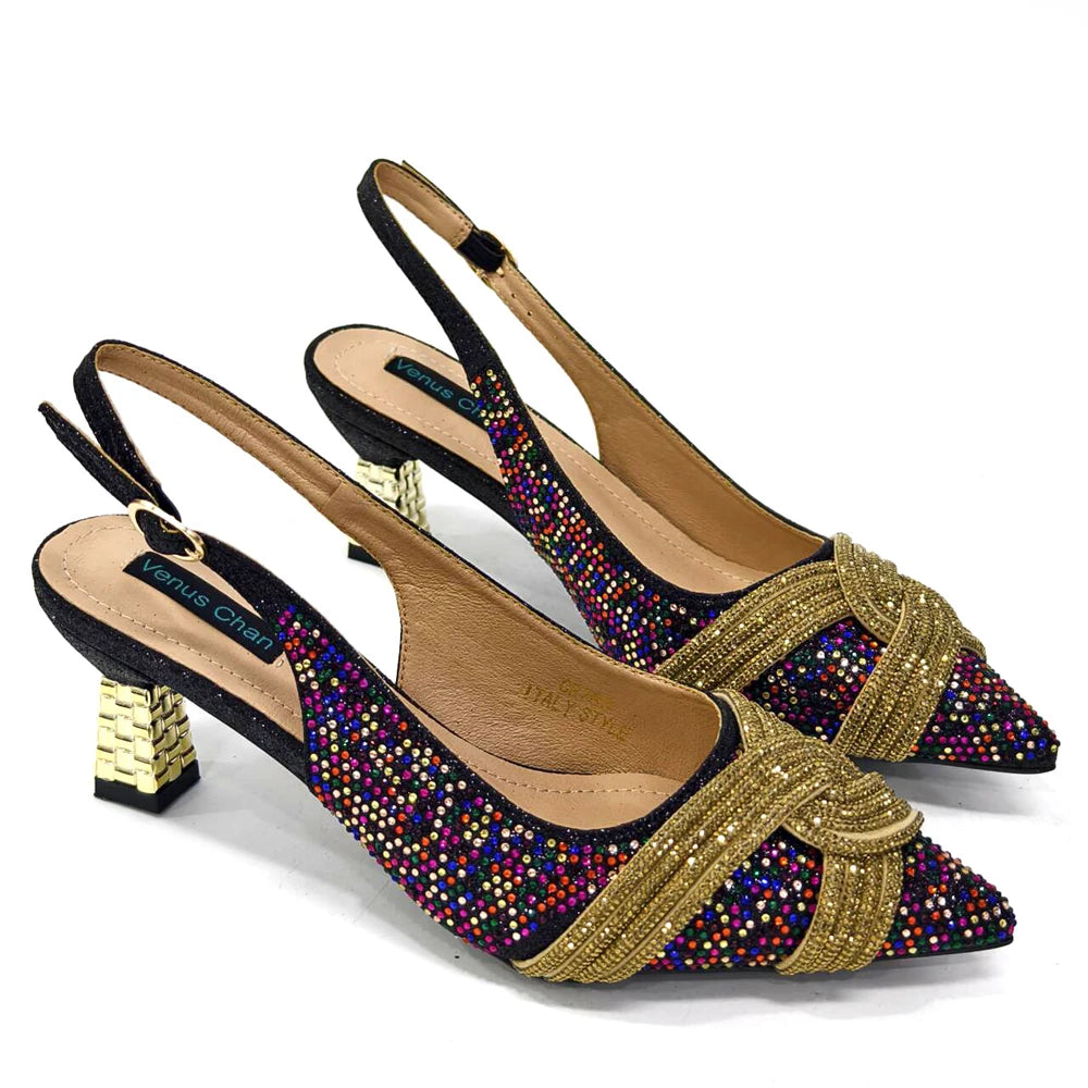 Venus Chan 2024 Special Design High Quality Orange Color African Women Shoes and Bag Set with Shinning Crystal for Wedding Party