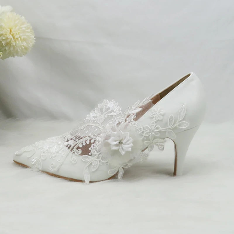BaoYaFang White Flower Pumps New arrival womens wedding shoes Bride High heels platform shoes for woman ladies party dress shoes
