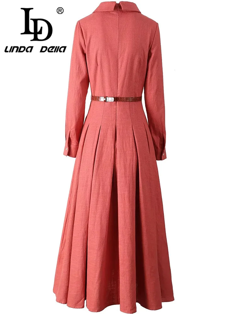 LD LINDA DELLA Elegant Commuter Solid Color Women's Dress Autumn Winter Turn-Down Collar Lace-UP linen long sleeves Dresses