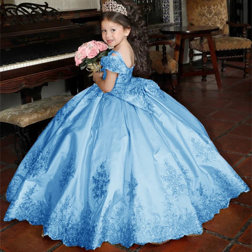 Luxury Golden Applique Full Ball Princess Wedding Party Flower Girl Dress Off The Shoulder Floor Length First Communion Gown New