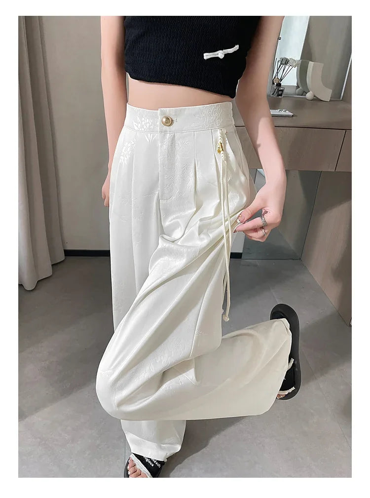 New Chinese Style Jacquard Wide Leg Satin Pants for Women Elegant Solid Office Lady Women's Casual Loose Pants Female
