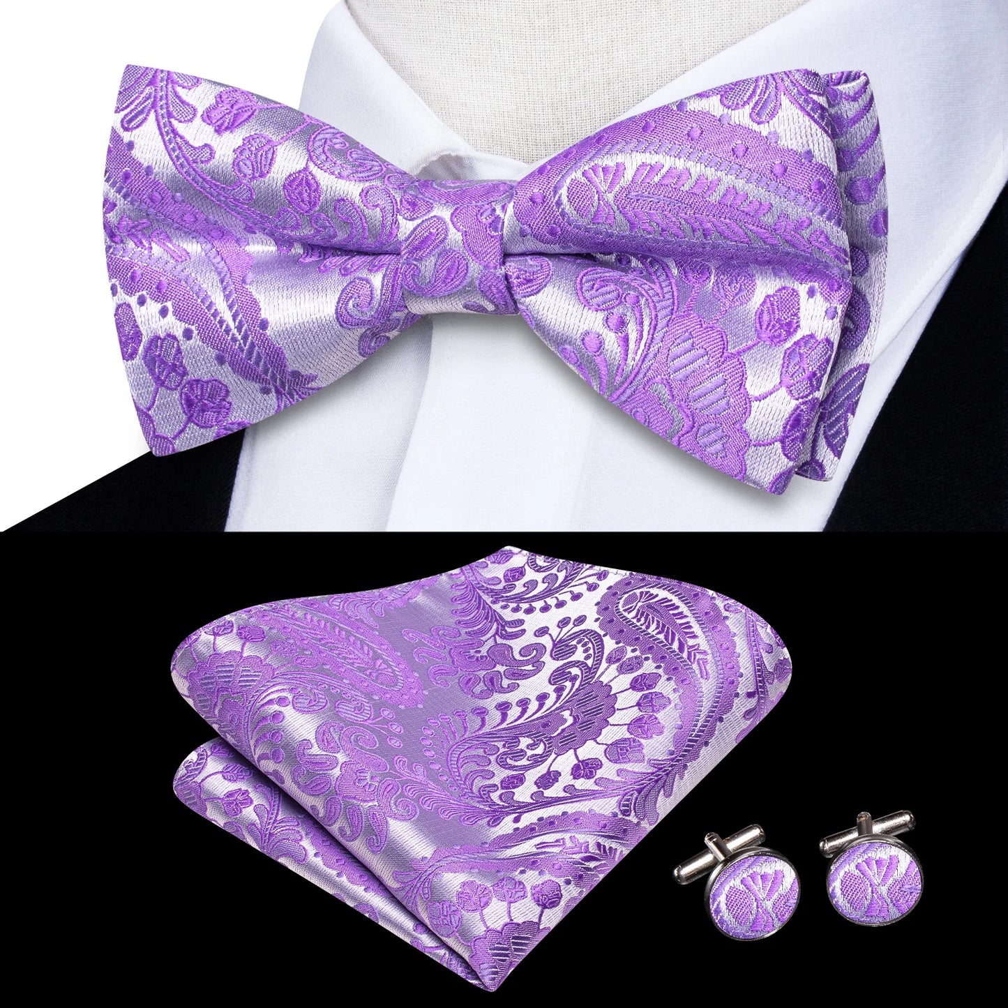 Hi-Tie Pink Dot Silk Mens Pre-tied Bow Tie Hanky Cufflink Set Dusty Pink Butterfly Knot Bowtie for Male Wedding Business