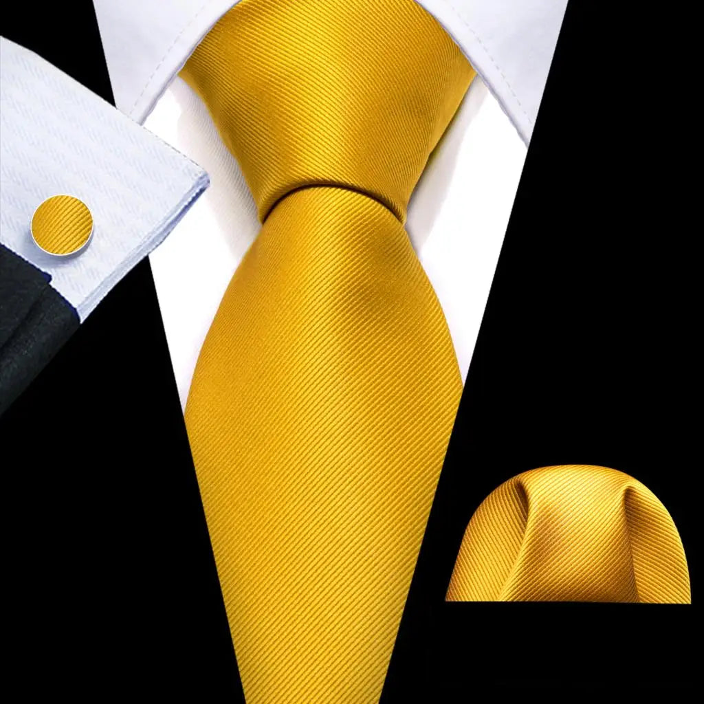 Barry.Wang Gold Beige Yellow Brown Tulip Silk Men Tie Handkerchief Cufflink Set Jacquard Necktie for Male Wedding Business Party