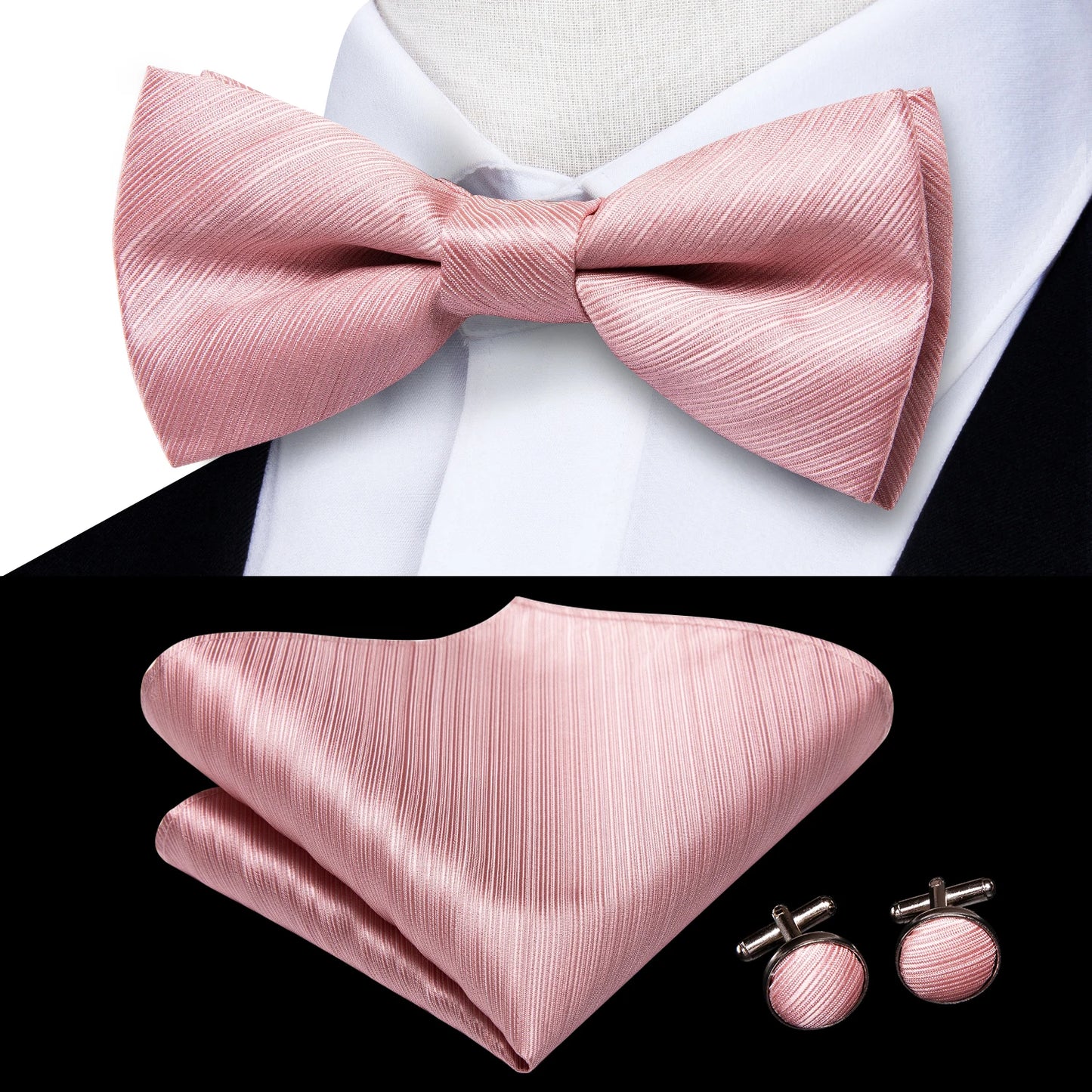 Hi-Tie Pink Dot Silk Mens Pre-tied Bow Tie Hanky Cufflink Set Dusty Pink Butterfly Knot Bowtie for Male Wedding Business