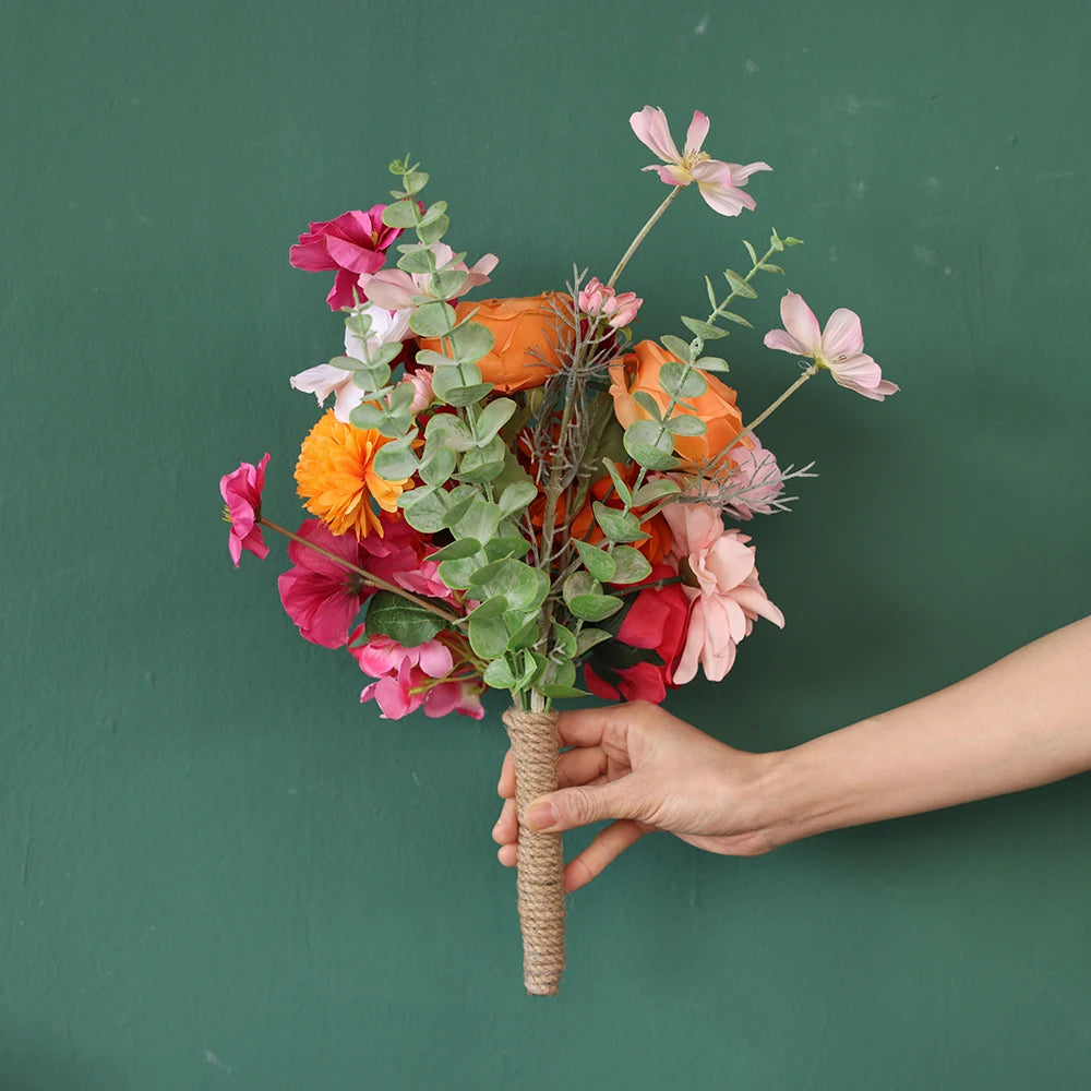 Flowers Artificial Decoration Orange Pink Series Rose Greens Floral Arrangement Bridal Bouquet for Wedding Event Decor J2601