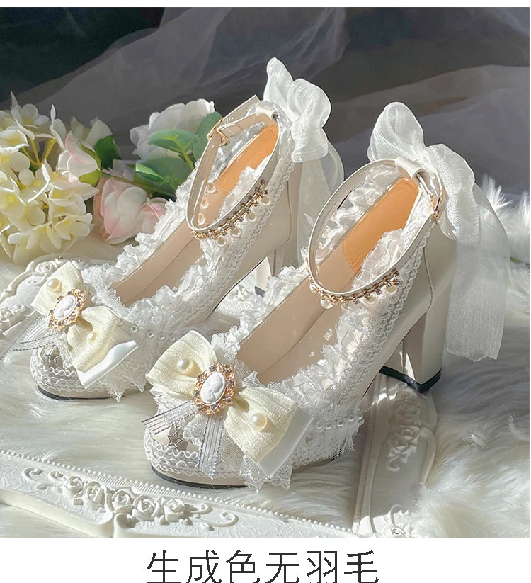 Original Handmade Lolita High Heels Heavy Industry Feather Stitching Pearl Bow Lace Platform Shoes Round Head Princess Heels