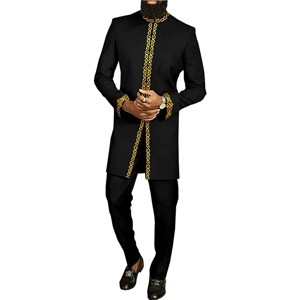 Kaunda Men's Suits Kaftan Outfits Round Neck Striped Print Long-sleeved African Ethnic Style Men's Sets Traditional Clothing