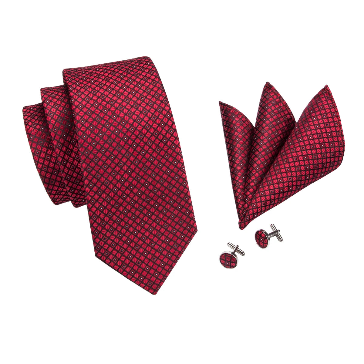 Hi-Tie Designer Red Burgundy Plaid Silk Wedding Tie For Men Handky Cufflink Gift Mens Necktie Fashion Business Party Dropshiping