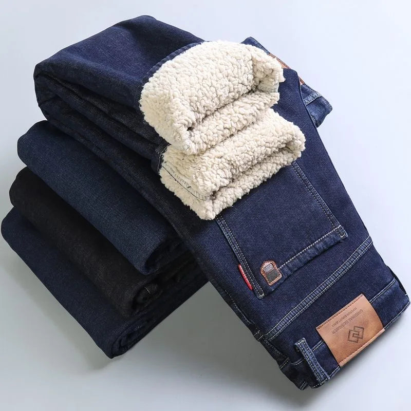 Winter New Fashion Trend Solid Color Plus Plush Thick Warm Jeans For Men's Casual Loose Sports Straight Leg Elastic Jeans 28-40