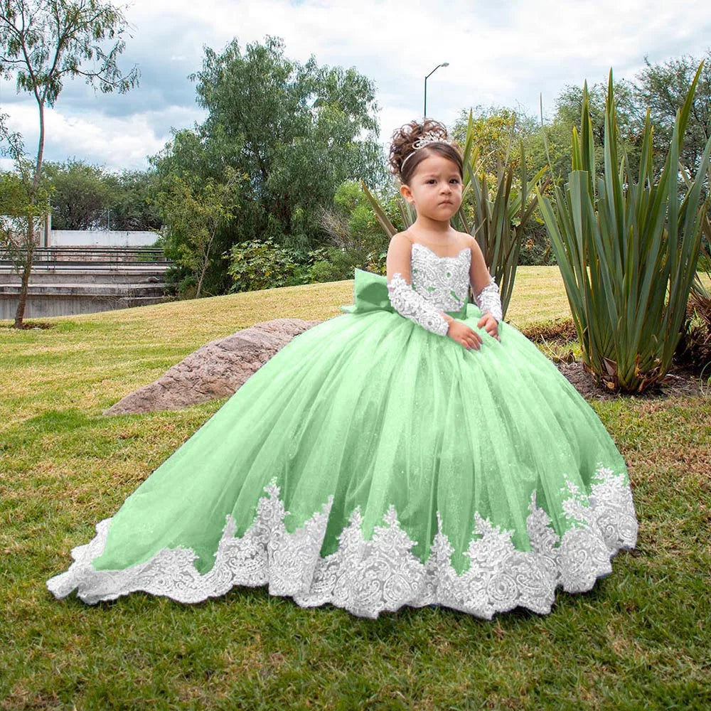 Long Sleeves Flower Girl Dresses For Weddings Toddlers Satin Bow Ball Gown Pageant Dress Sparkly 1st Communion Party Gowns