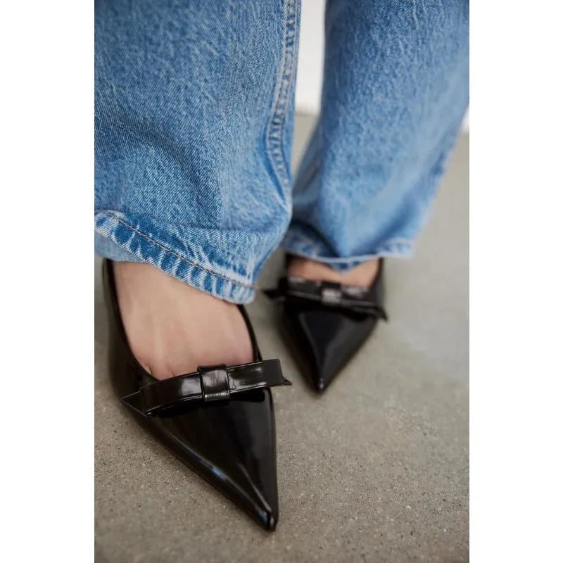 Modern Office Shoes for Women White Black Wedding Slingback Pointed Toe Butterfly Decoration Female High Heeled Sandals